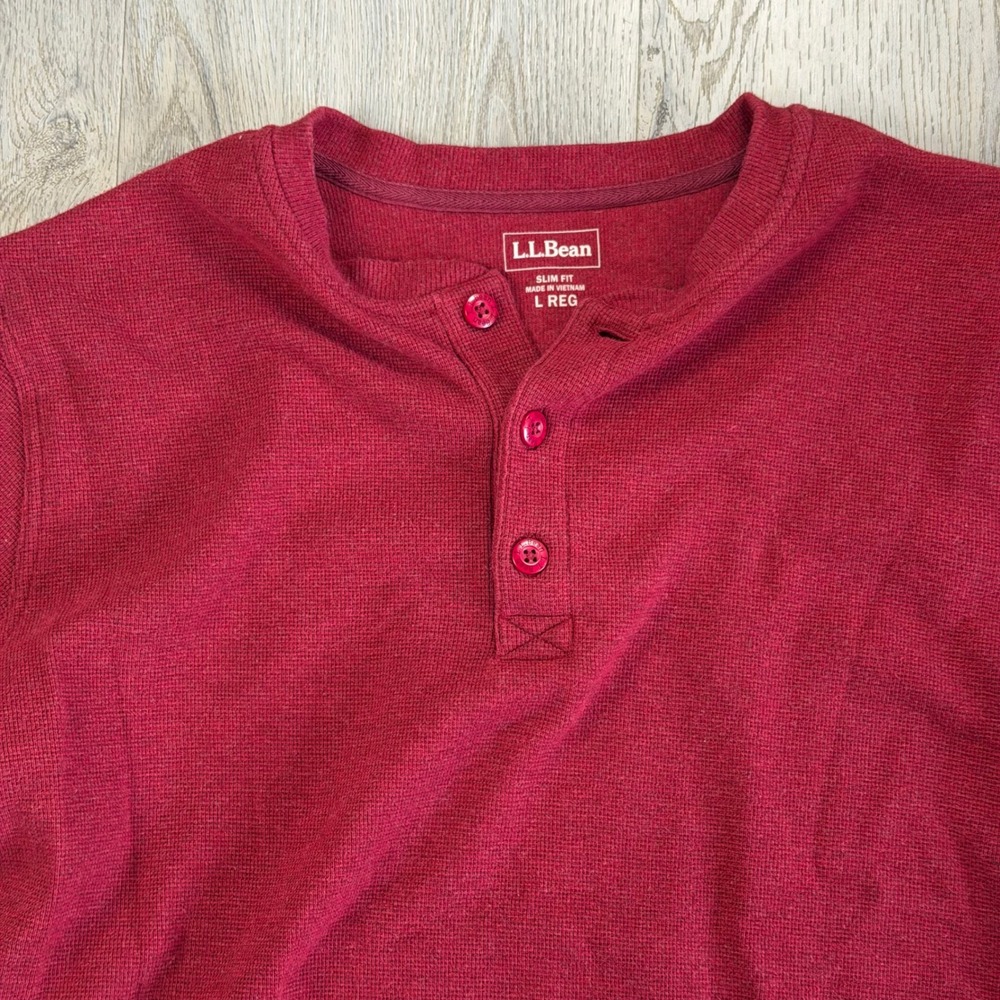 LL Bean Mens Waffle Knit Henley Shirt Large Slim Fit Red Cotton Hiking Outdoor
